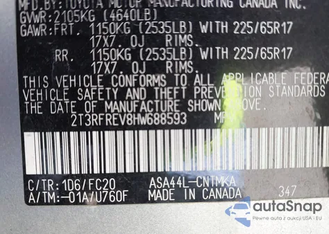 2017 Toyota Rav4 Xle z USA, uszkodzony, nr VIN 2T3RFREV8HW688593
